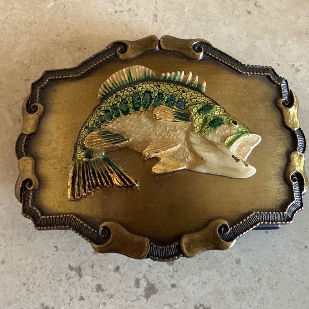 Vintage 1977 Bass Fish Belt Buckle Enameled 3D Fishing Outdoors Gorpcore Retro